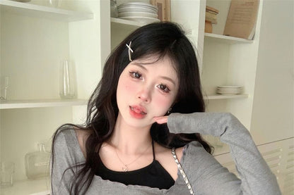 Halter Neck Plain Crop Top / Long-Sleeve Asymmetrical Bow Accent T-Shirt / High Waist Mini A-Line Skort / Set