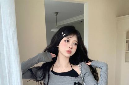 Halter Neck Plain Crop Top / Long-Sleeve Asymmetrical Bow Accent T-Shirt / High Waist Mini A-Line Skort / Set