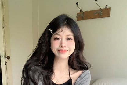 Halter Neck Plain Crop Top / Long-Sleeve Asymmetrical Bow Accent T-Shirt / High Waist Mini A-Line Skort / Set