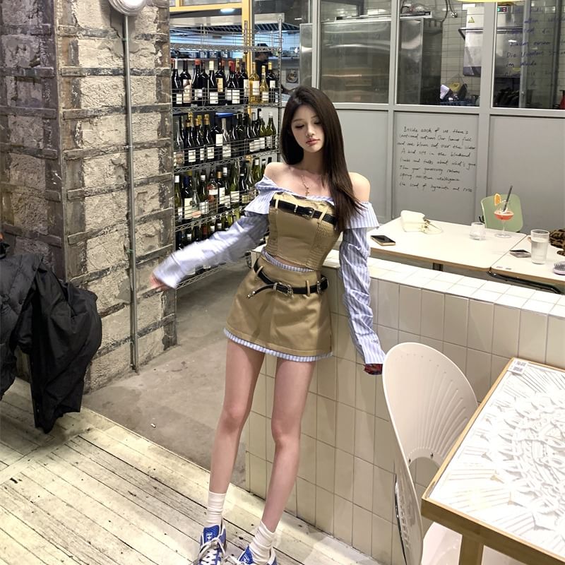 Two-Piece Smocked Long-Sleeve Striped Crop Off-Shoulder Waist Panel Mock Skirt A-Line / High Belt Mini Set Blouse