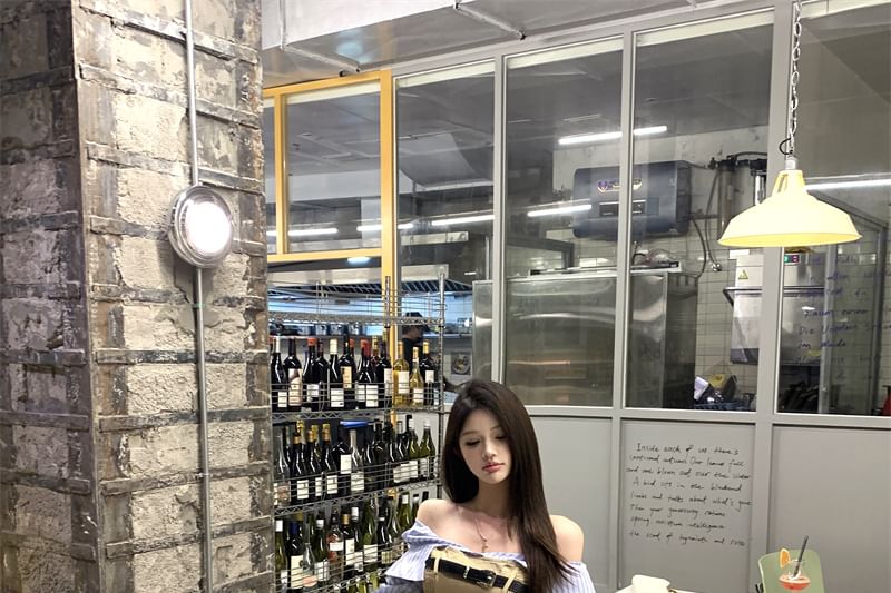 Two-Piece Smocked Long-Sleeve Striped Crop Off-Shoulder Waist Panel Mock Skirt A-Line / High Belt Mini Set Blouse