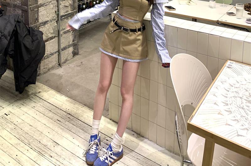 Two-Piece Smocked Long-Sleeve Striped Crop Off-Shoulder Waist Panel Mock Skirt A-Line / High Belt Mini Set Blouse