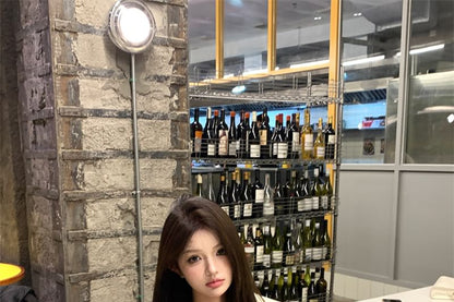 Two-Piece Smocked Long-Sleeve Striped Crop Off-Shoulder Waist Panel Mock Skirt A-Line / High Belt Mini Set Blouse