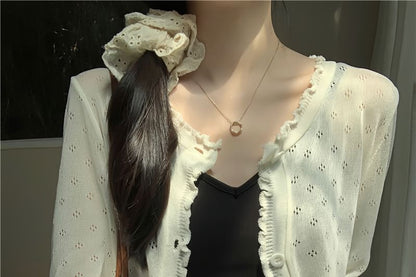 Plain Lettuce Edge Pointelle Knit Cardigan