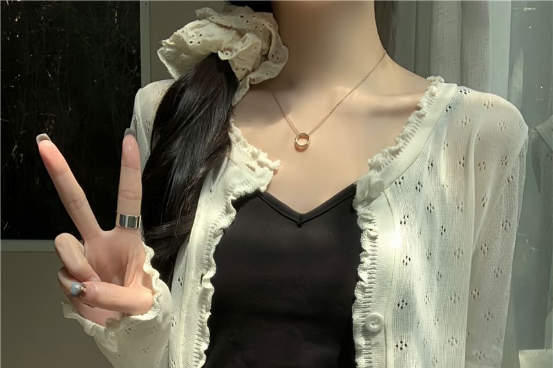 Plain Lettuce Edge Pointelle Knit Cardigan