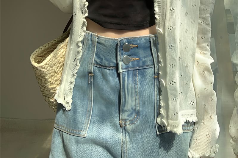 Plain Lettuce Edge Pointelle Knit Cardigan