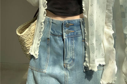 Plain Lettuce Edge Pointelle Knit Cardigan