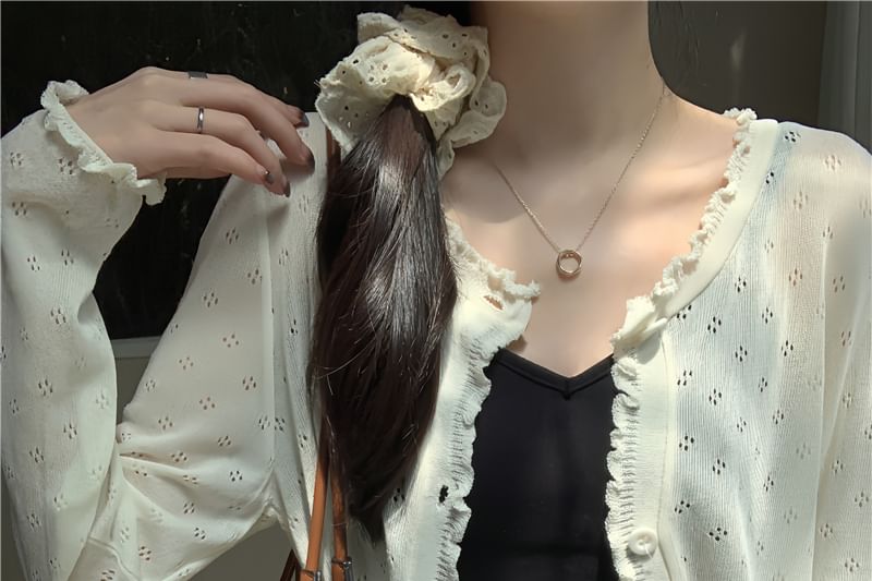 Plain Lettuce Edge Pointelle Knit Cardigan