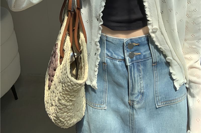 Plain Lettuce Edge Pointelle Knit Cardigan