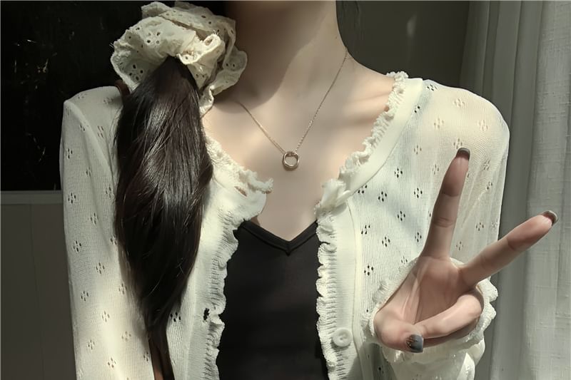 Plain Lettuce Edge Pointelle Knit Cardigan