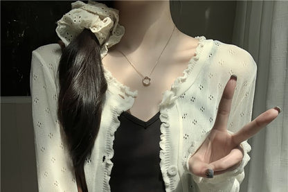 Plain Lettuce Edge Pointelle Knit Cardigan