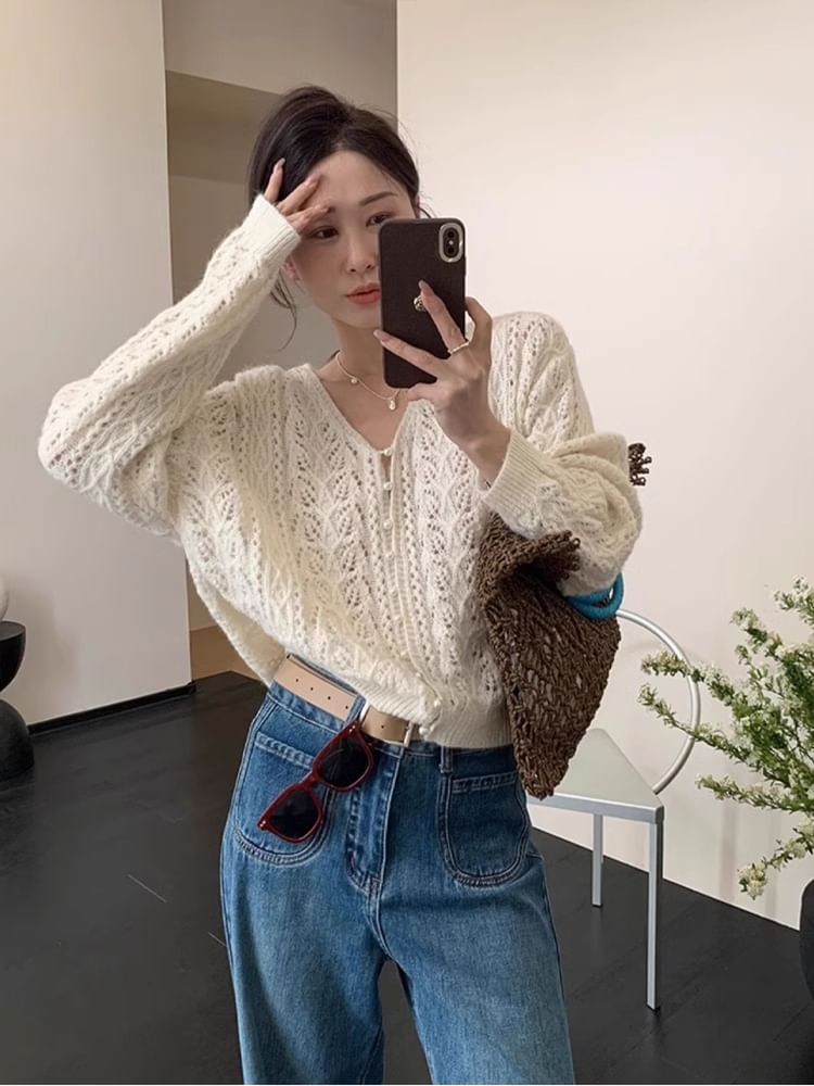 V-Neck Plain Faux Pearl Button Pointelle Knit Cardigan