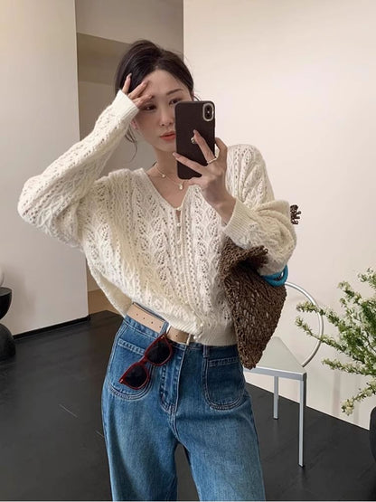 V-Neck Plain Faux Pearl Button Pointelle Knit Cardigan