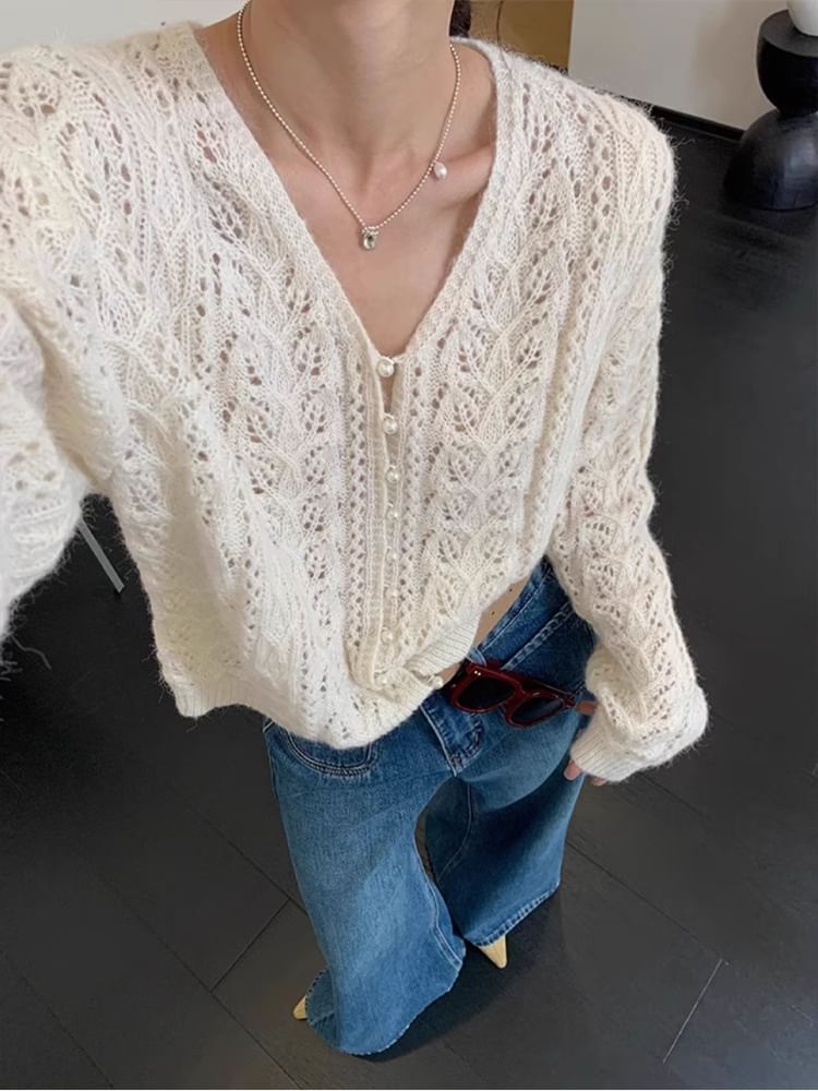 V-Neck Plain Faux Pearl Button Pointelle Knit Cardigan