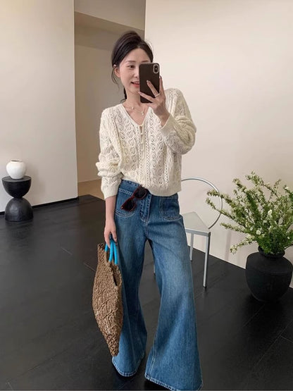 V-Neck Plain Faux Pearl Button Pointelle Knit Cardigan