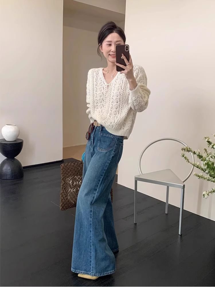 V-Neck Plain Faux Pearl Button Pointelle Knit Cardigan