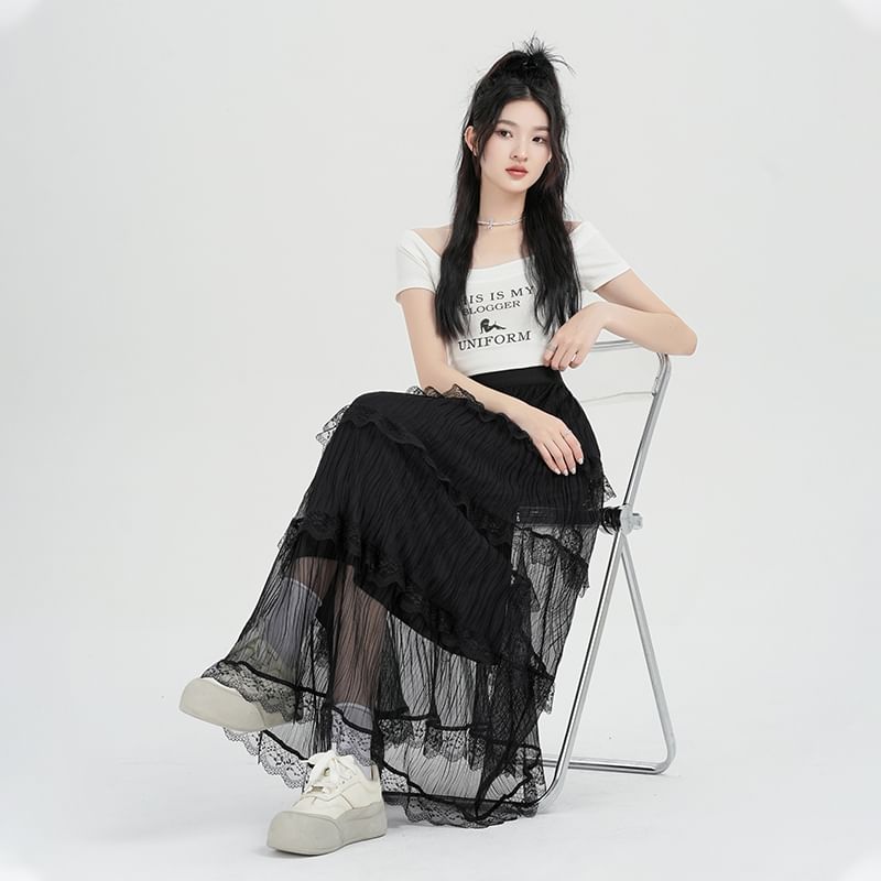 High Waist Plain Tiered Lace Midi A-Line Skirt