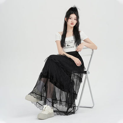 High Waist Plain Tiered Lace Midi A-Line Skirt