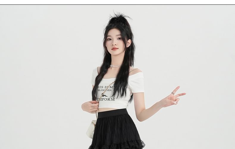 High Waist Plain Tiered Lace Midi A-Line Skirt