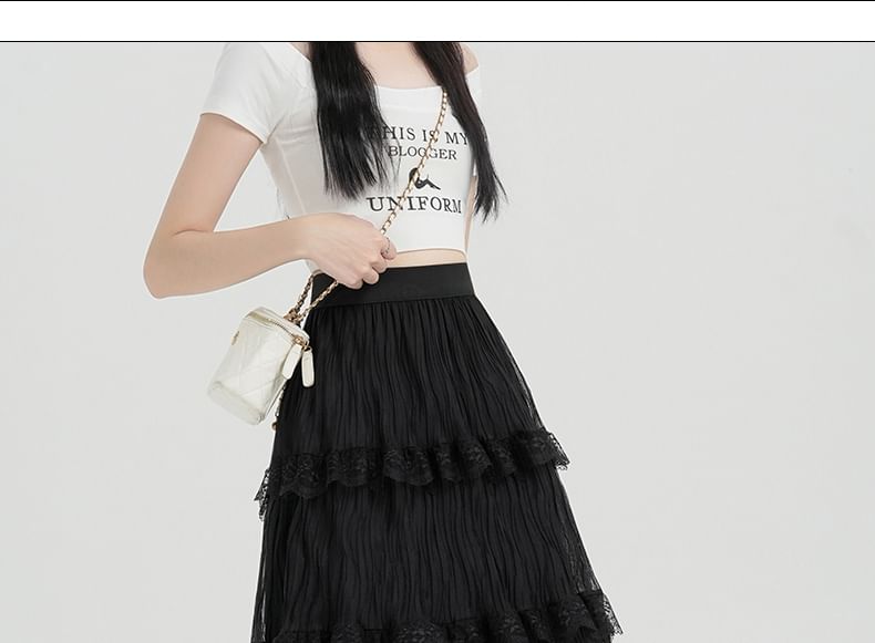 High Waist Plain Tiered Lace Midi A-Line Skirt