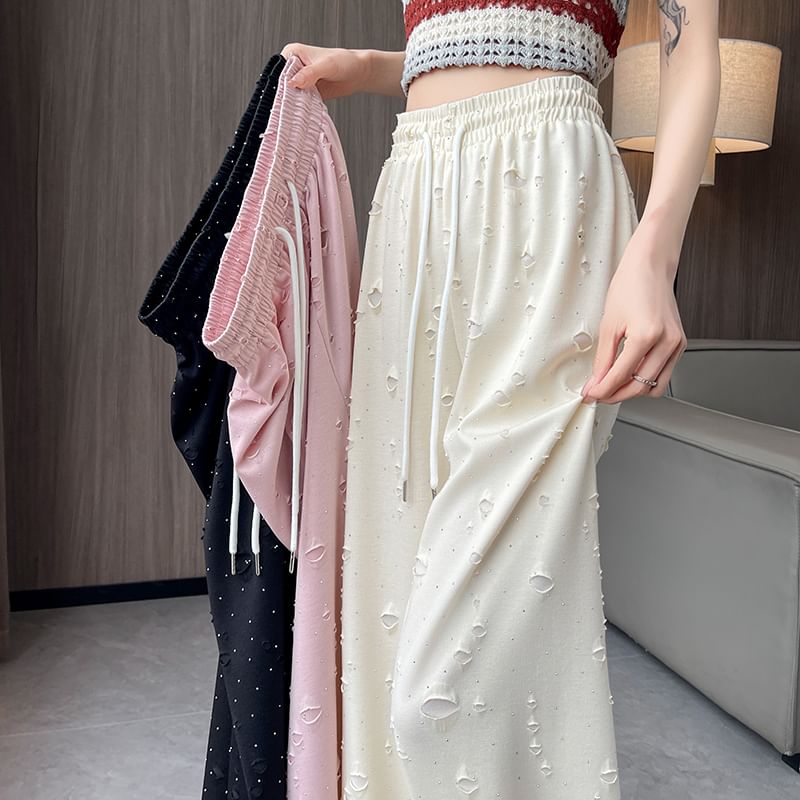 Drawstring Waist Distressed Wide Leg Pants (Various Designs)
