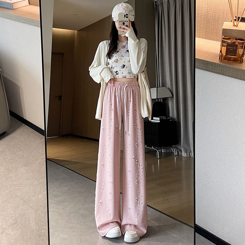 Drawstring Waist Distressed Wide Leg Pants (Various Designs)