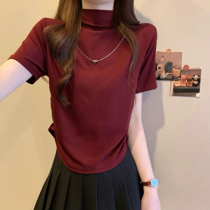 Short-Sleeve Mock Neck Plain Ruched Knit Top