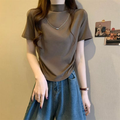 Short-Sleeve Mock Neck Plain Ruched Knit Top