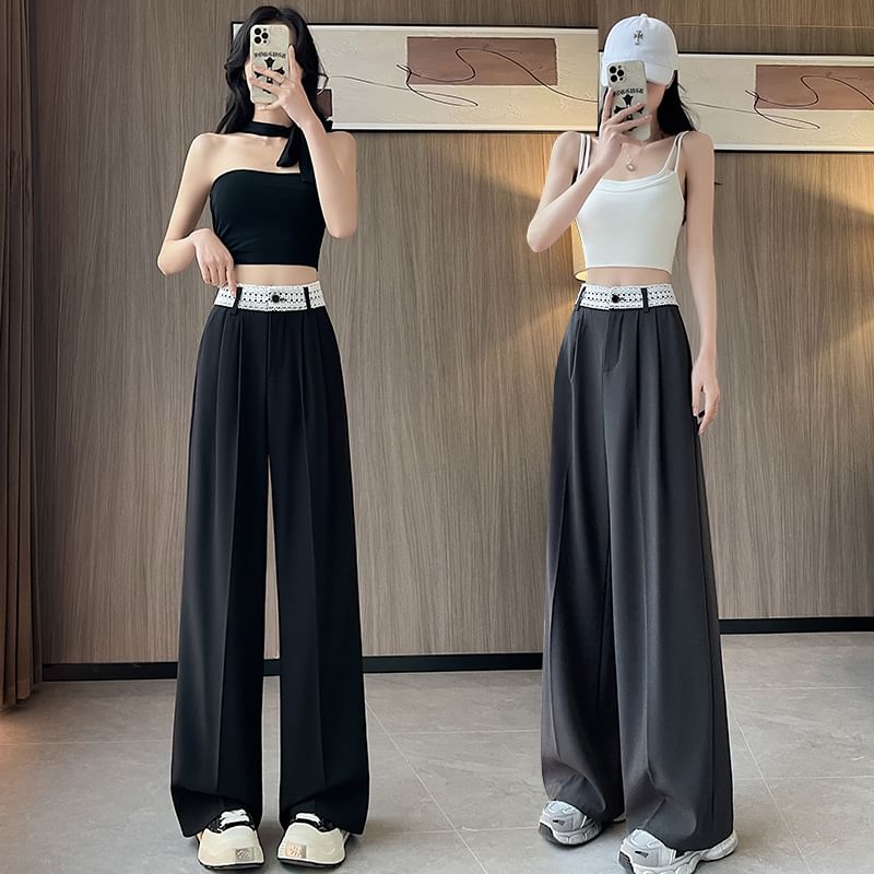 High Rise Lace Panel Wide Leg Slacks