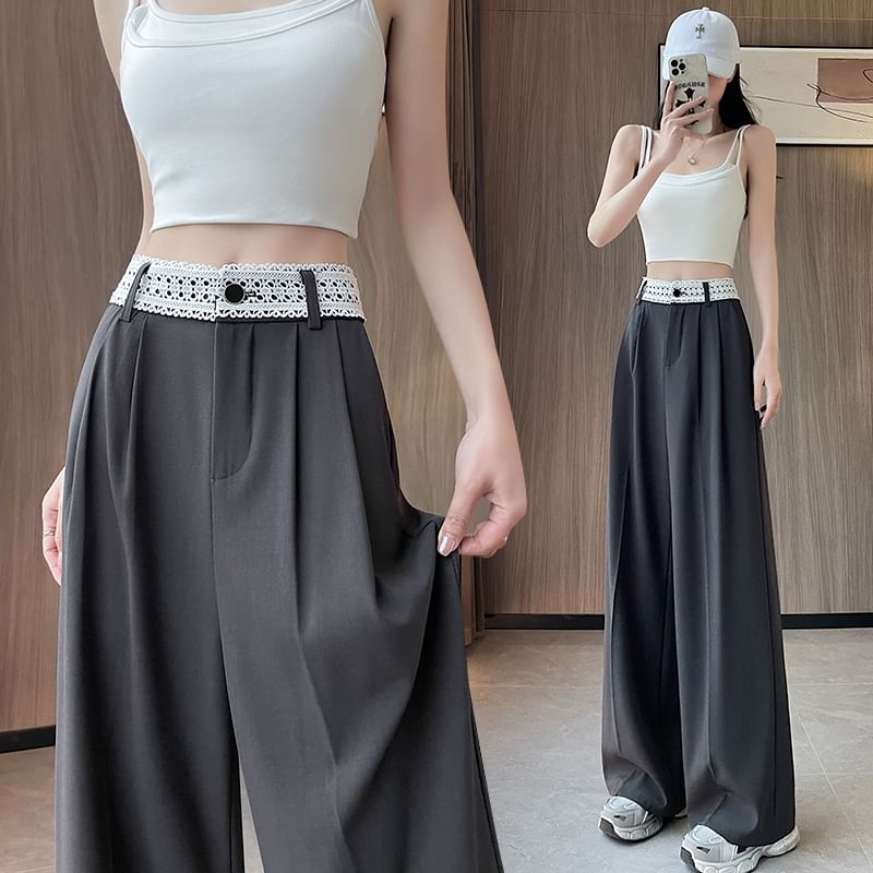 High Rise Lace Panel Wide Leg Slacks