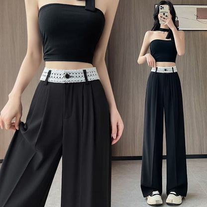 High Rise Lace Panel Wide Leg Slacks