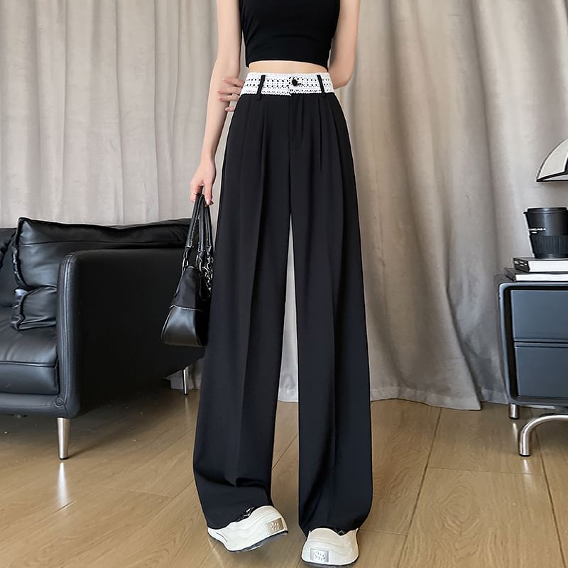 High Rise Lace Panel Wide Leg Slacks