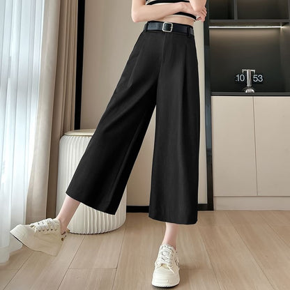 High Waist Plain Capri Wide Leg Dress Pants