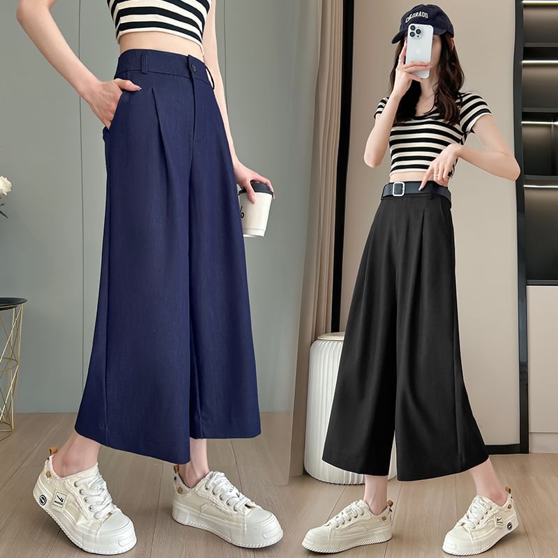High Waist Plain Capri Wide Leg Dress Pants