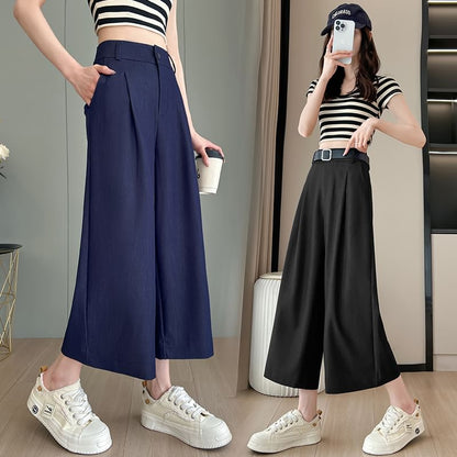 High Waist Plain Capri Wide Leg Dress Pants