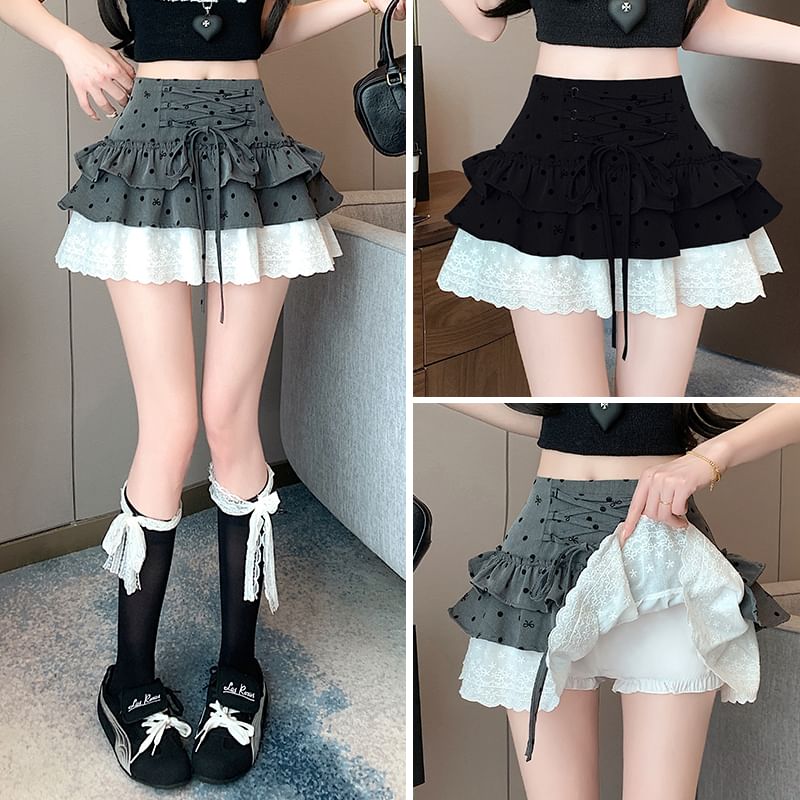 High Waist Dotted Bow Tiered Lace Panel Mini A-Line Skirt