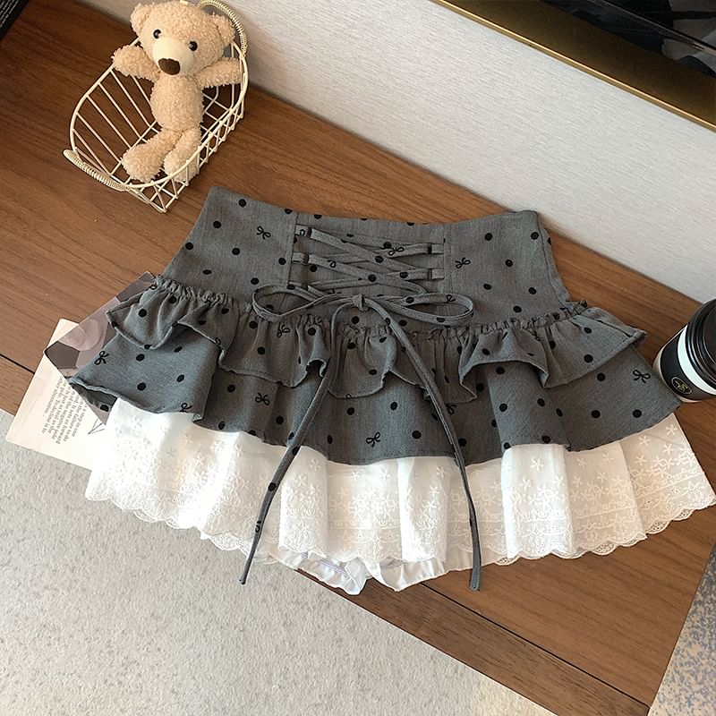 High Waist Dotted Bow Tiered Lace Panel Mini A-Line Skirt