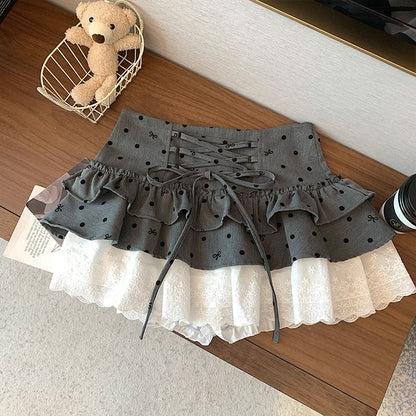 High Waist Dotted Bow Tiered Lace Panel Mini A-Line Skirt