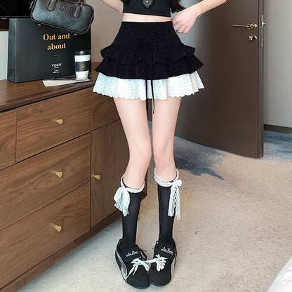 High Waist Dotted Bow Tiered Lace Panel Mini A-Line Skirt