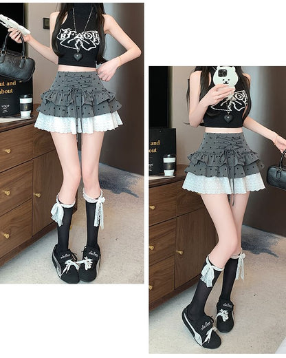 High Waist Dotted Bow Tiered Lace Panel Mini A-Line Skirt