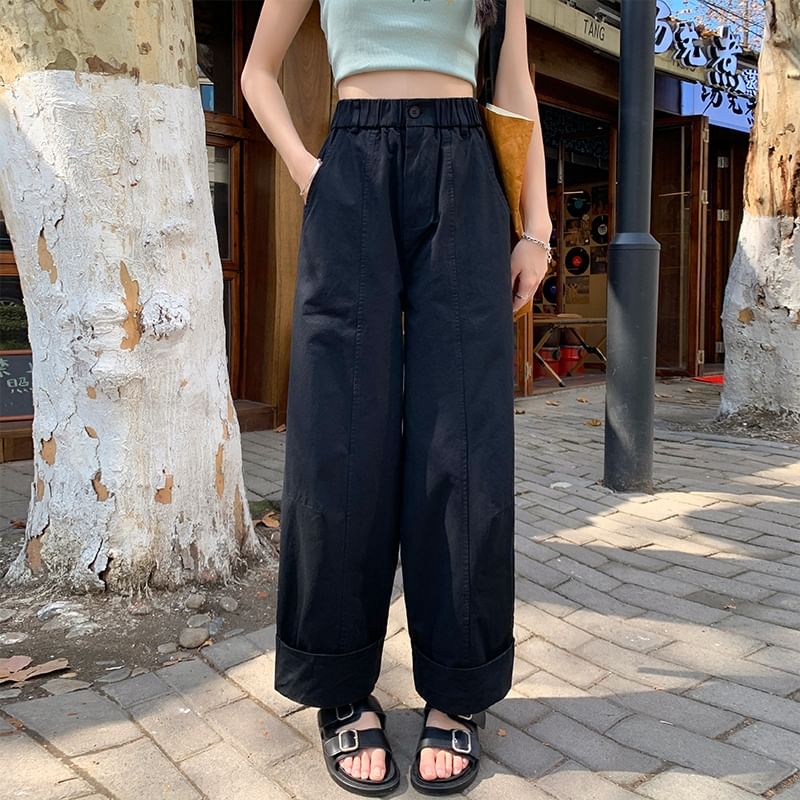 Elastic Waist Plain Cropped Wide Leg Pants