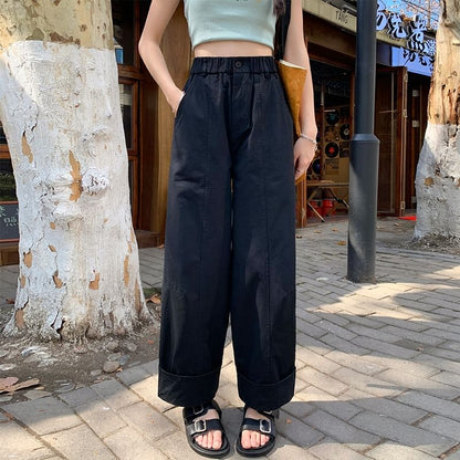 Elastic Waist Plain Cropped Wide Leg Pants