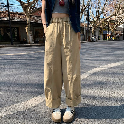 Elastic Waist Plain Cropped Wide Leg Pants