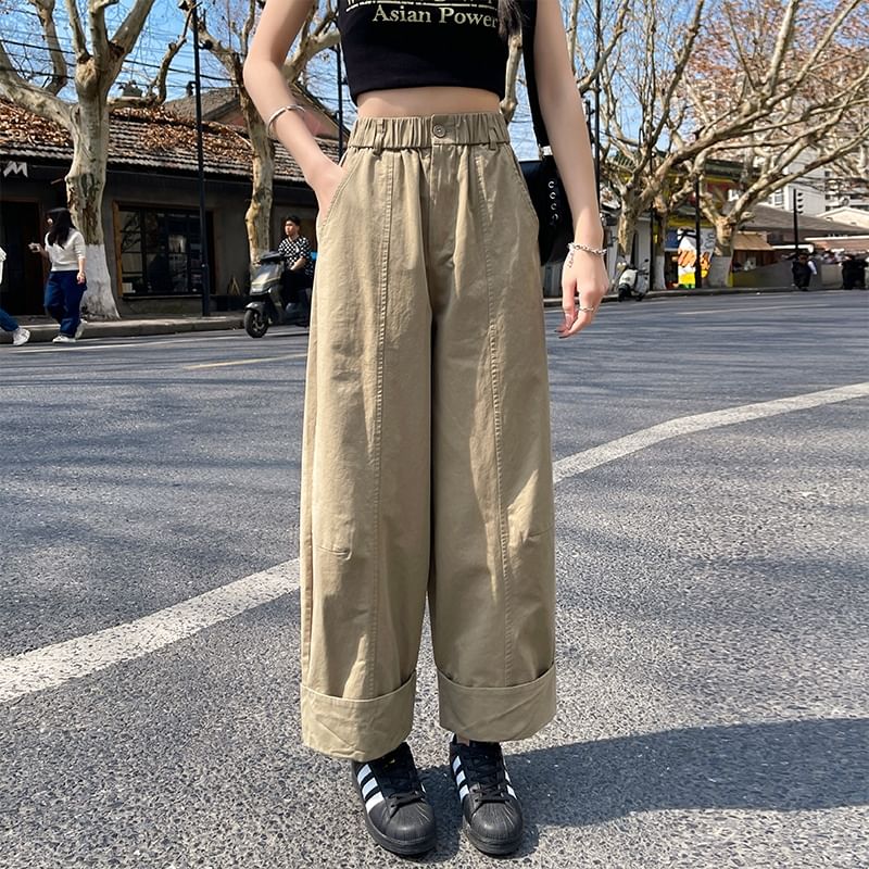 Elastic Waist Plain Cropped Wide Leg Pants