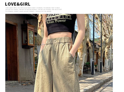 Elastic Waist Plain Cropped Wide Leg Pants
