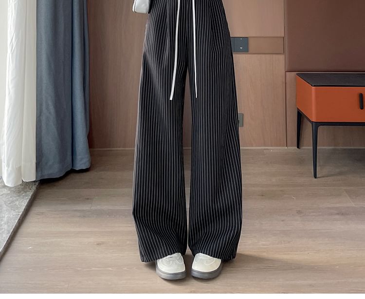 Drawstring Waist Pinstriped Wide Leg Pants (Various Designs)