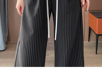 Drawstring Waist Pinstriped Wide Leg Pants (Various Designs)