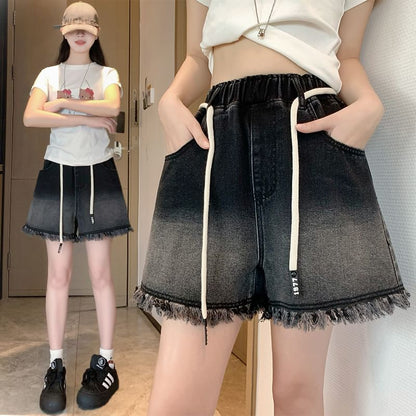 Drawstring Waist Fringed Washed Denim Shorts