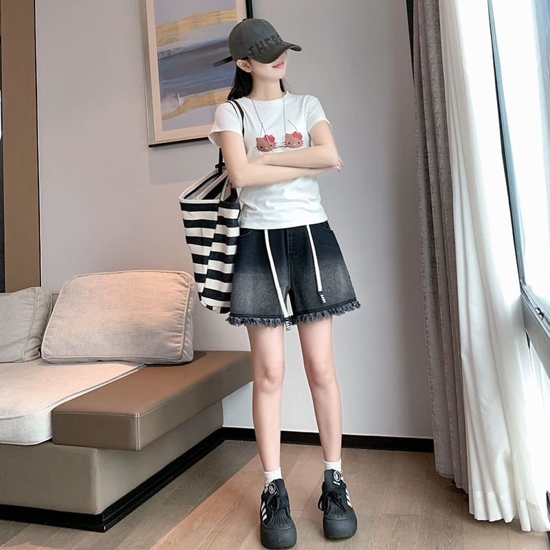 Drawstring Waist Fringed Washed Denim Shorts