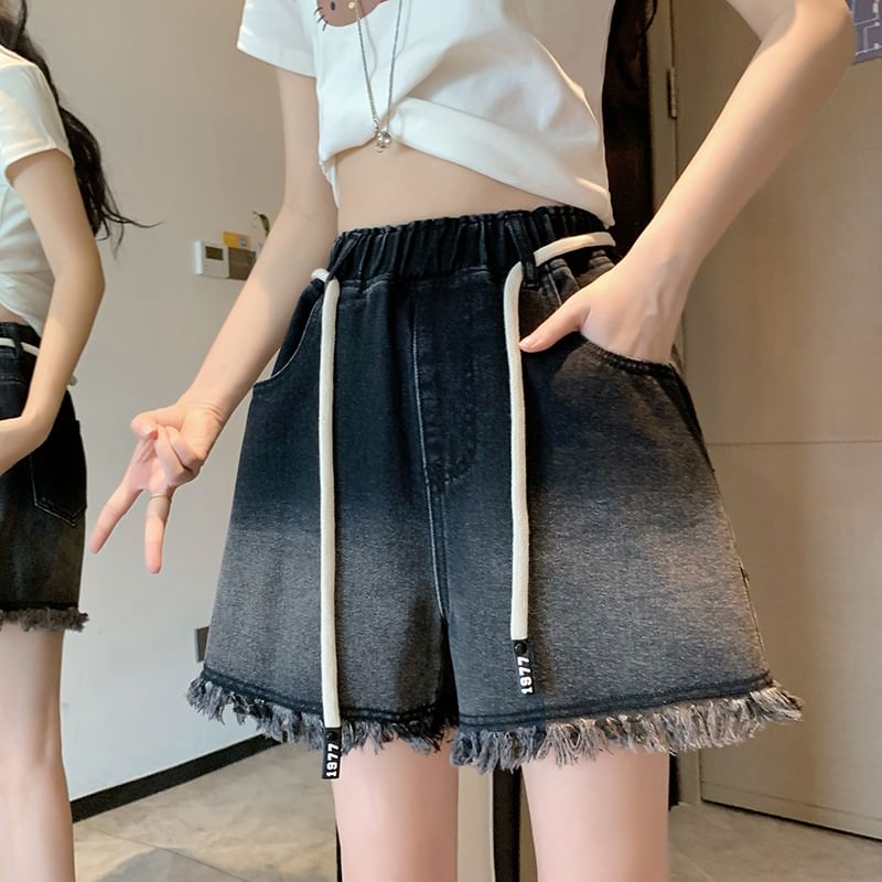 Drawstring Waist Fringed Washed Denim Shorts